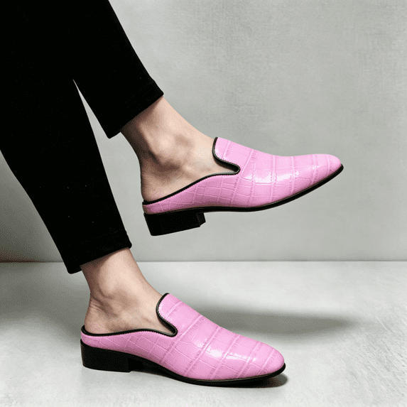 Men's Pink Croc Embossed Backless Mule Loafers Low Heel Slip On Fashion Casual Party Formal Leather Shoes
