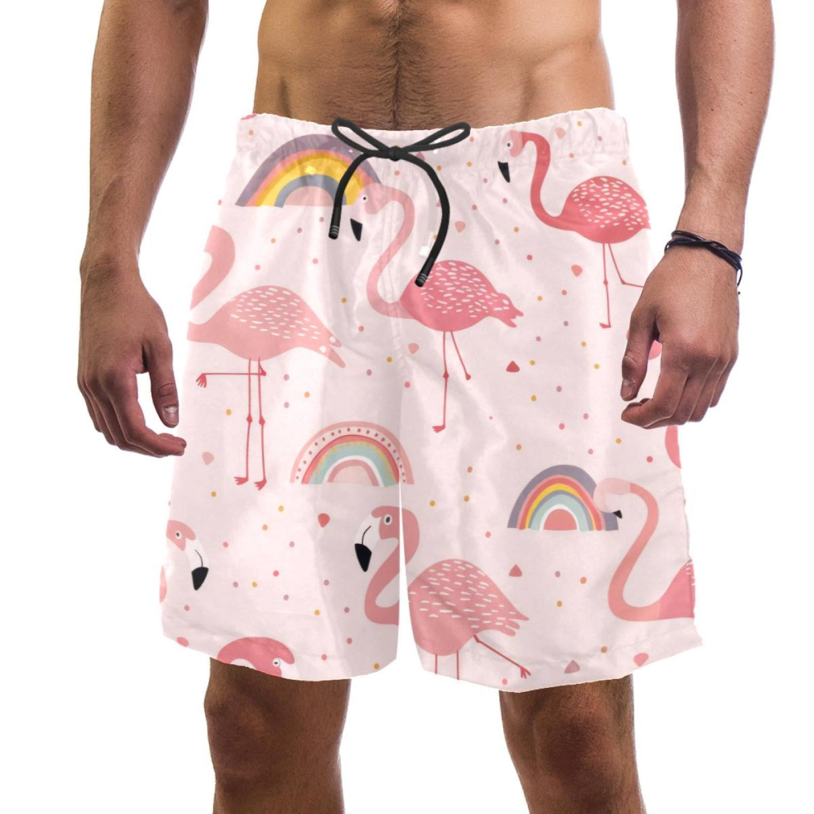 Men's Pink Flamingos Rainbow Swim Trunks Quick Dry Board Shorts Bathing