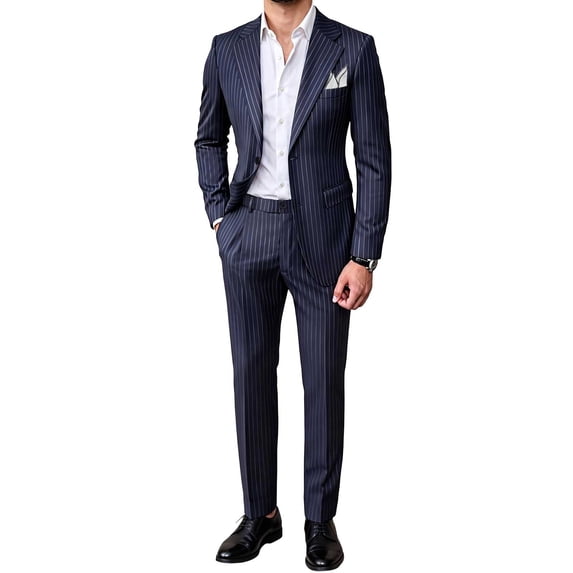 Men's Pinstripe 2 Piece Business Suit Set, Notched Lapel Blazer Jacket & Straight Leg Dress Pants, Formal Wedding Party Business Suit Outfit