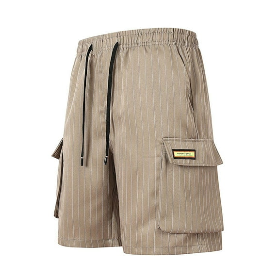Men's Pinstripe Cargo Shorts Knee Length Utility Short Pants with Multi Pockets, Elastic Waist Drawstring Performance Quick Dry Work Hiking Shorts for Men