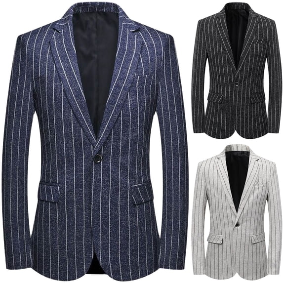 Men's Pinstripe One Button Casual Blazer Dress Sport Coat Suit Jacket Notch Lapel Wrinkle Free with Flap Pockets for Wedding Prom Party, Navy, XXXL