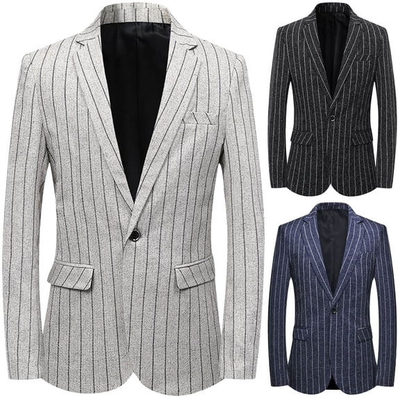 Men's Pinstripe One Button Casual Blazer Dress Sport Coat Suit Jacket Notch Lapel Wrinkle Free with Flap Pockets for Wedding Prom Party, White, M