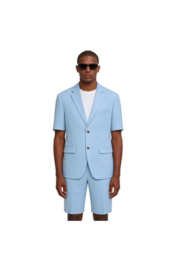 Men's Pinstripe Short Sleeve Suit Set - 2 Piece Blazer & Knee-Length Shorts for Summer Business & Casual Wear