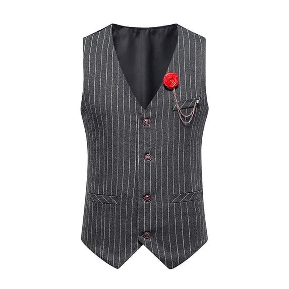 Men's Pinstripe V Neck Single Breasted Suit Vest Slim Fit Formal Waistcoat with Chain Decor