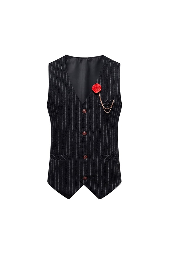 Men's Pinstripe V Neck Single Breasted Suit Vest Slim Fit Formal Waistcoat with Chain Decor