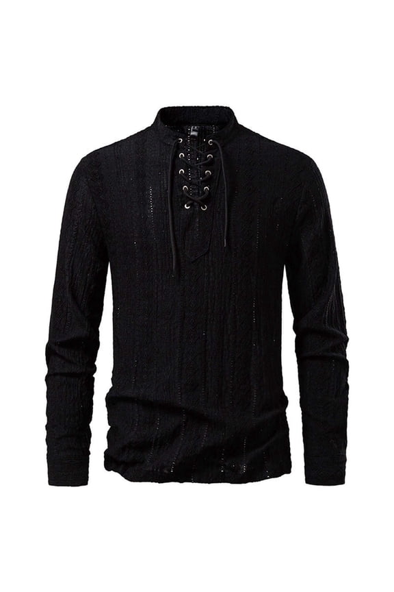 Men's Pirate Shirt, Long Sleeve Lace Up Medieval Renaissance Steampunk Retro T-Shirt Gothic Viking Blouse Tops Black XXL