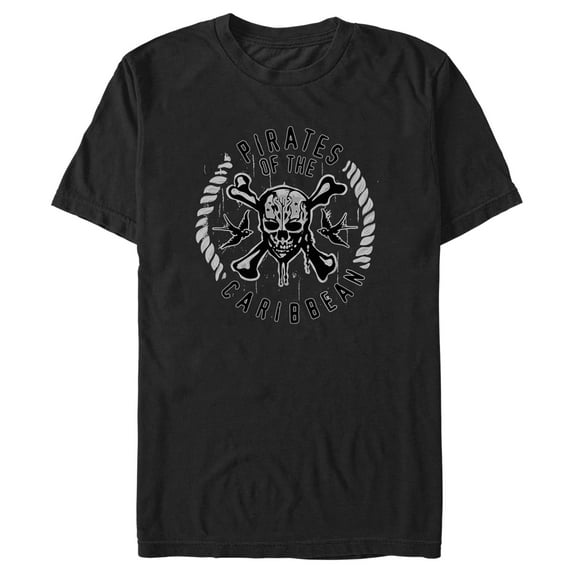Men's Pirates of the Caribbean: Curse of the Black Pearl Black and White Rope Skull Logo Graphic Tee