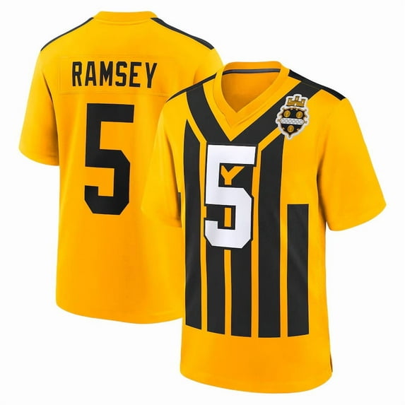 Men's Pittsburgh Ramsey 5 Gold Stitched T-Shirts Sports Player Game Top, Medium