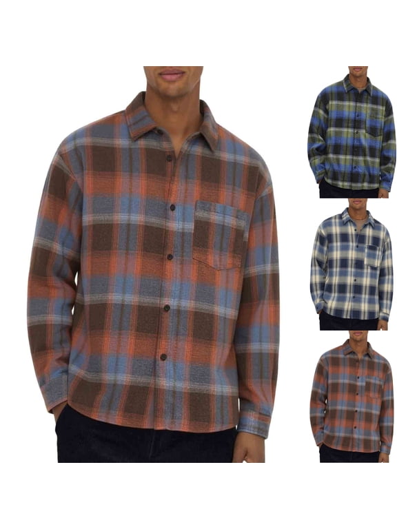 Men's Plaid Brushed Flannel Long Sleeve Shacket Button Down Shirt Jacket Fall Winter Overshirt with Front Pocket for Work Outdoor Camp, Orange, L
