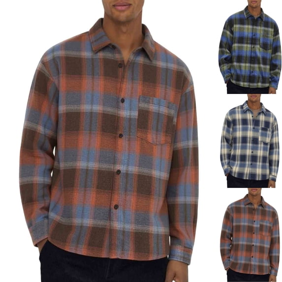 Men's Plaid Brushed Flannel Long Sleeve Shacket Button Down Shirt Jacket Fall Winter Overshirt with Front Pocket for Work Outdoor Camp, Orange, XL