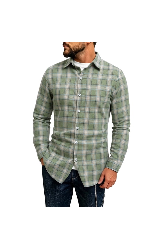 Men's Plaid Brushed Flannel Long Sleeve Shacket Button Down Shirt Jacket Overshirt Untucked Fall Fashion Layering for Daily Work Travel, Green, M