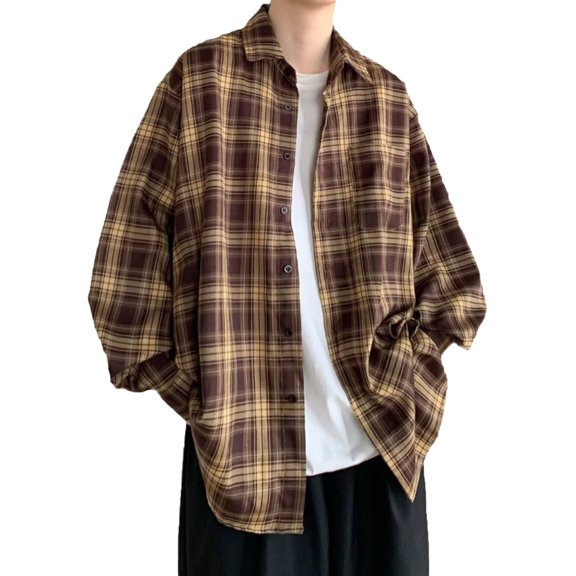 Men's Plaid Button Down Shirt Casual Long Sleeve Lapel Jackets for Men Oversized Shacket Outerwear with Pockets (Brown 3XL)
