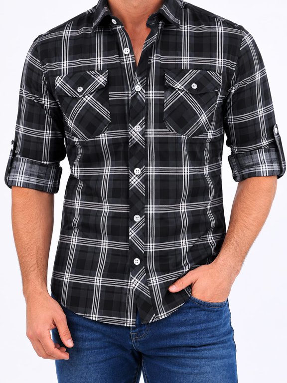 Men's Plaid Button-Down Shirt Long Sleeve Roll-Up Casual Green/Black Checkered Shirt