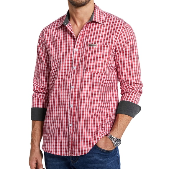 Men's Plaid Shirts Casual Long Sleeve Button Down Shirt Classic Contrast Collar Gingham Red Shirts