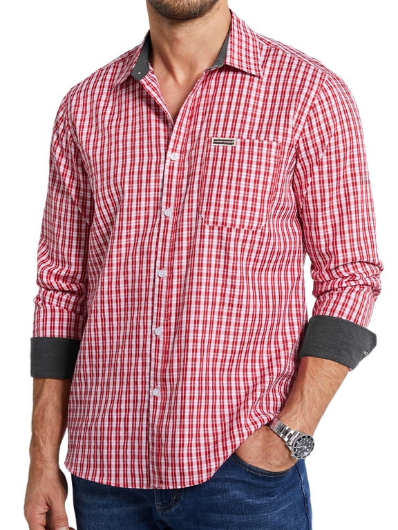 Men's Plaid Shirts Casual Long Sleeve Button Down Shirt Classic Contrast Collar Gingham Red Shirts