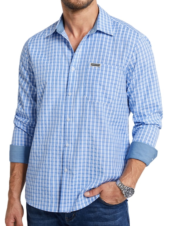 Men's Plaid Button Down Shirts Long Sleeve Dress Shirts Classic Contrast Collar Gingham Blue Shirts