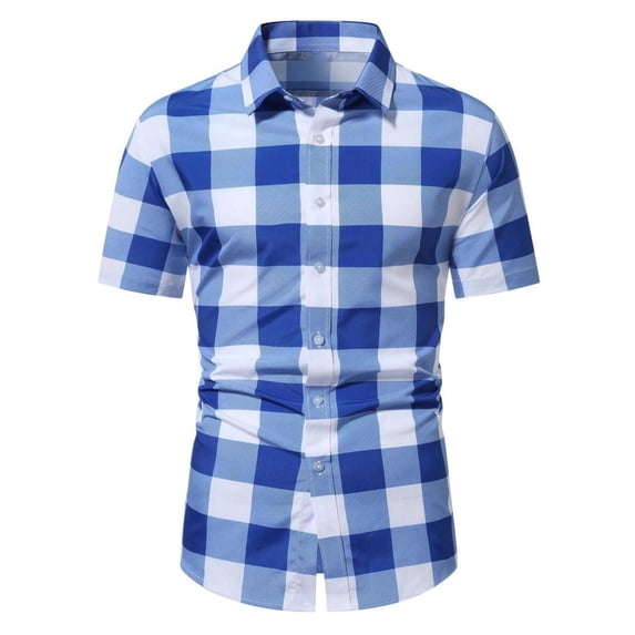 Men's Plaid Button Down Shirts Short Sleeve 4-Way Stretch Slim Fit Dress Shirts for Men Business Casual Shirts Size M-4XL Blue