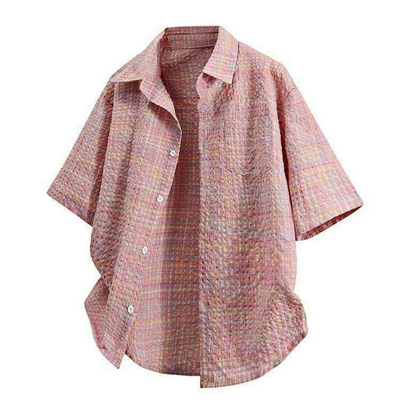 Men's Plaid Button Down Short Sleeve Shirt Loose Fit Casual Shirt with Chest Pocket Pink L