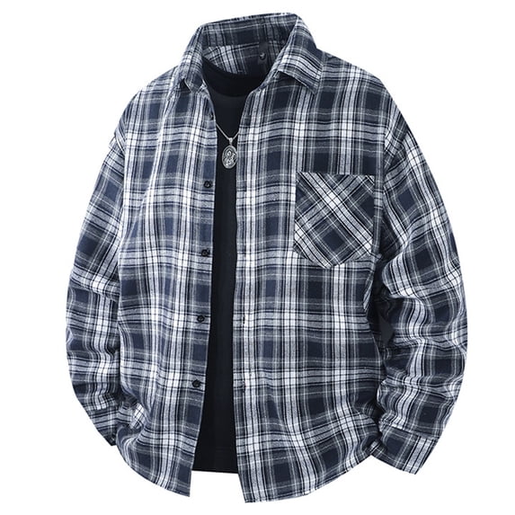 Men's Plaid Button Down Long Sleeve Casual Shirt With Pockets Turndown Collar Oversized Fit Polyester Sport Shirt Top for Fishing Hiking Camping Outfits | JASKFLY,Navy L