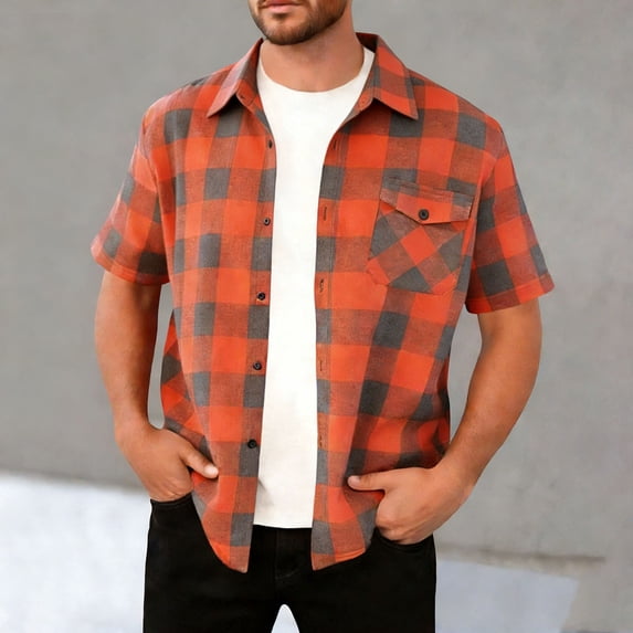 Men's Plaid Button Shirt Short Sleeve Lightweight Breathable Plaid Shirts Loose Work Casual Classic Tops with Pockets Orange XL