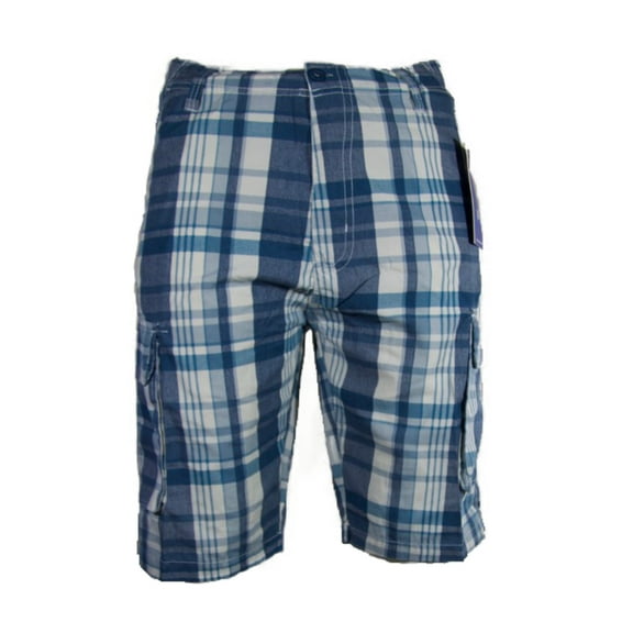 Men's Plaid Cargo Shorts Checkered Multi Pocket Casual Lightweight Button Shorts, Blue, 28