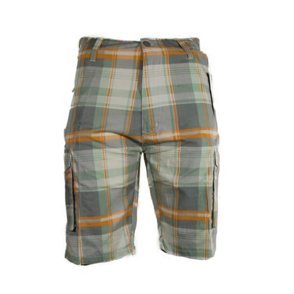 Men's Plaid Cargo Shorts Checkered Multi Pocket Lightweight Casual Button Shorts, Orange, 30