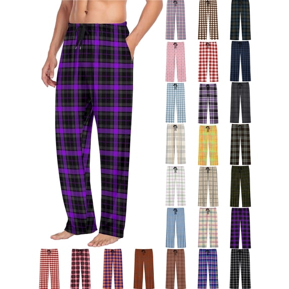 Men's Plaid Casual Home Pants - Elastic Drawstring Waist Double Pocket Straight Leg Pants Suitable for Sleeping And Daily Activities Purple S
