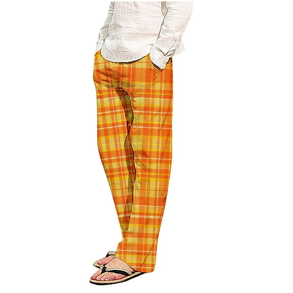 Men's Plaid Casual Pants Soft Elastic Waist Baggy Pajama Pants with Pockets Fashion Print Lightweight Straight Leg Loungewear Pant