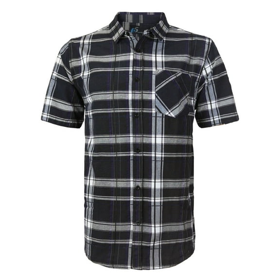 Men's Plaid Checkered Button Down Casual Short Sleeve Regular Fit Dress Shirt (Black / Purple,S)