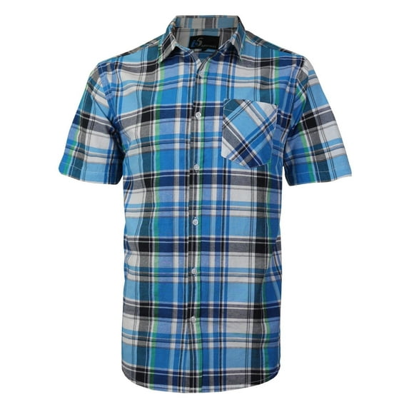 Men's Plaid Checkered Button Down Casual Short Sleeve Regular Fit Dress Shirt (Blue / White,S)