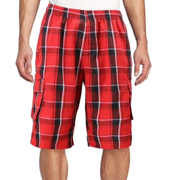 Men's Plaid Checkered Multi Pocket Elastic Waist Lightweight Casual Cargo Shorts (1 Red/Black, L)