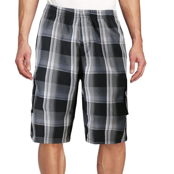 Men's Plaid Checkered Multi Pocket Elastic Waist Lightweight Casual Cargo Shorts (10 Black/Charcoal/White, M)