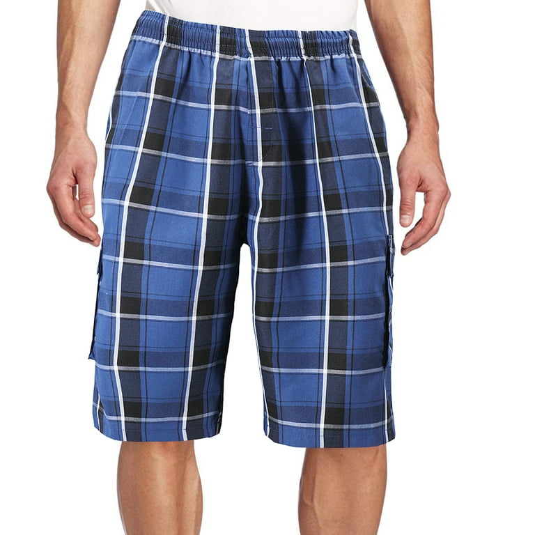【OJOS】 Reversible Plaid Track Shorts / Blue Grey Men's Plaid Checkered Multi Pocket Elastic Waist Lightweight
