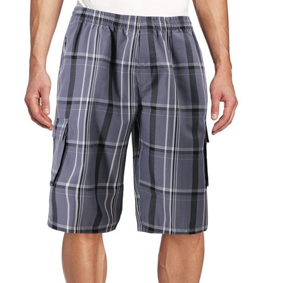 Men's Plaid Checkered Multi Pocket Elastic Waist Lightweight Casual Cargo Shorts (14 Grey/White/Black, L)