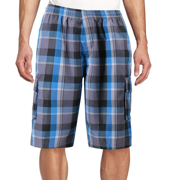 Men's Plaid Checkered Multi Pocket Elastic Waist Lightweight Casual Cargo Shorts (15 Turquoise/Grey/Black, L)