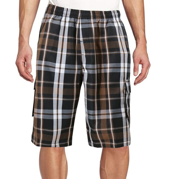 Men's Plaid Checkered Multi Pocket Elastic Waist Lightweight Casual Cargo Shorts (16 Brown/Black/White, L)
