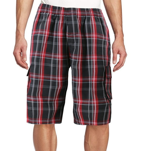 Men's Plaid Checkered Multi Pocket Elastic Waist Lightweight Casual Cargo Shorts (17 Black/Red, L)