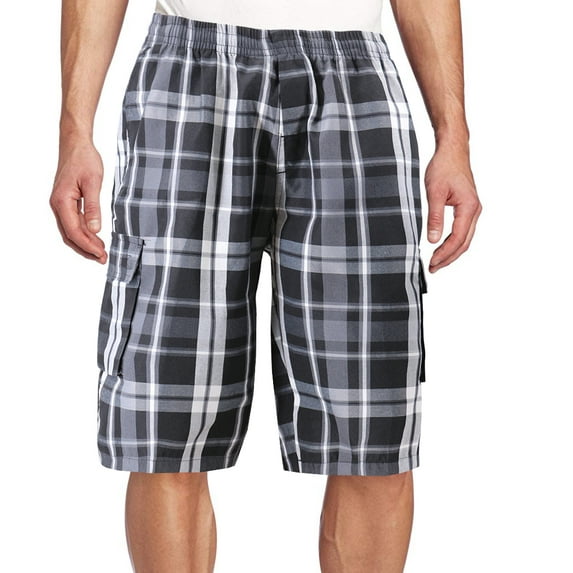 Men's Plaid Checkered Multi Pocket Elastic Waist Lightweight Casual Cargo Shorts (18 Black/Light Grey/White, XL)