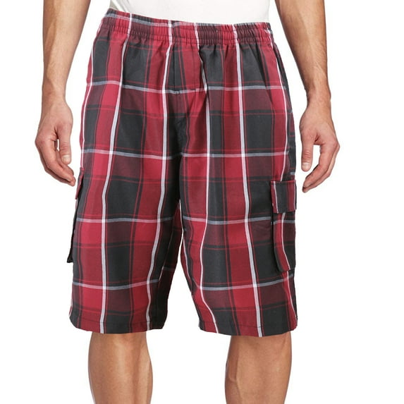 Men's Plaid Checkered Multi Pocket Elastic Waist Lightweight Casual Cargo Shorts (2 Burgundy/Black, 2XL)