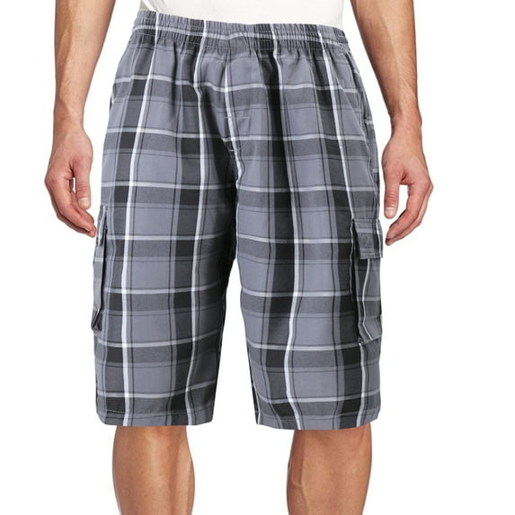 Men's Plaid Checkered Multi Pocket Elastic Waist Lightweight Casual Cargo Shorts (23 Grey/Black/White, XL)