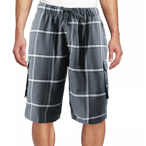 Men's Plaid Checkered Multi Pocket Elastic Waist Lightweight Casual Cargo Shorts (24 Gray/Black/White, 2XL)
