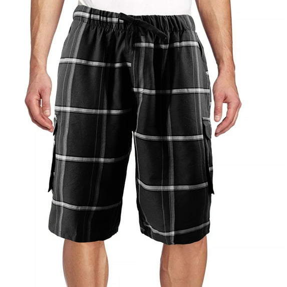 Men's Plaid Checkered Multi Pocket Elastic Waist Lightweight Casual Cargo Shorts (25 Black/White Plaid, M)
