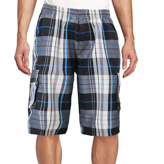 Men's Plaid Checkered Multi Pocket Elastic Waist Lightweight Casual Cargo Shorts (3 Black/Cream/Blue, XL)