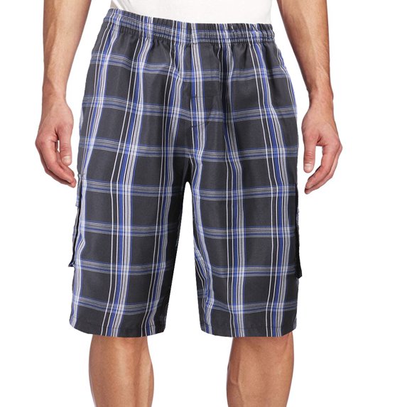 Men's Plaid Checkered Multi Pocket Elastic Waist Lightweight Casual Cargo Shorts (7 Black/Royal/White, XL)