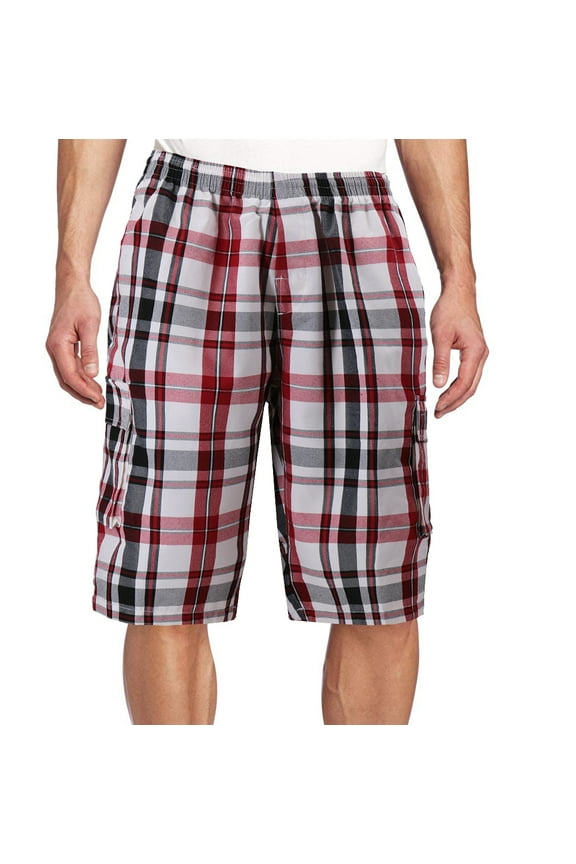Men's Plaid Checkered Multi Pocket Elastic Waist Lightweight Casual Cargo Shorts (8 Black/Burgundy/White, XL)