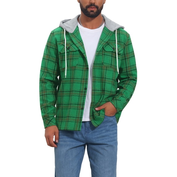 Men's Plaid Drawstring Hooded Chest Pocket Long Sleeve Shirt Jacket L Green