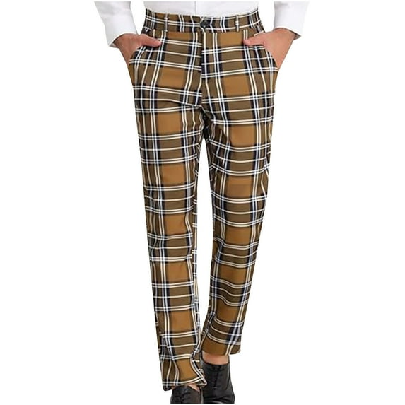 Men's Plaid Dress Pants Casual Skinny Straight Fit Flat-Front Business Pants with Pockets Fashion Loose Fit Chino Trousers