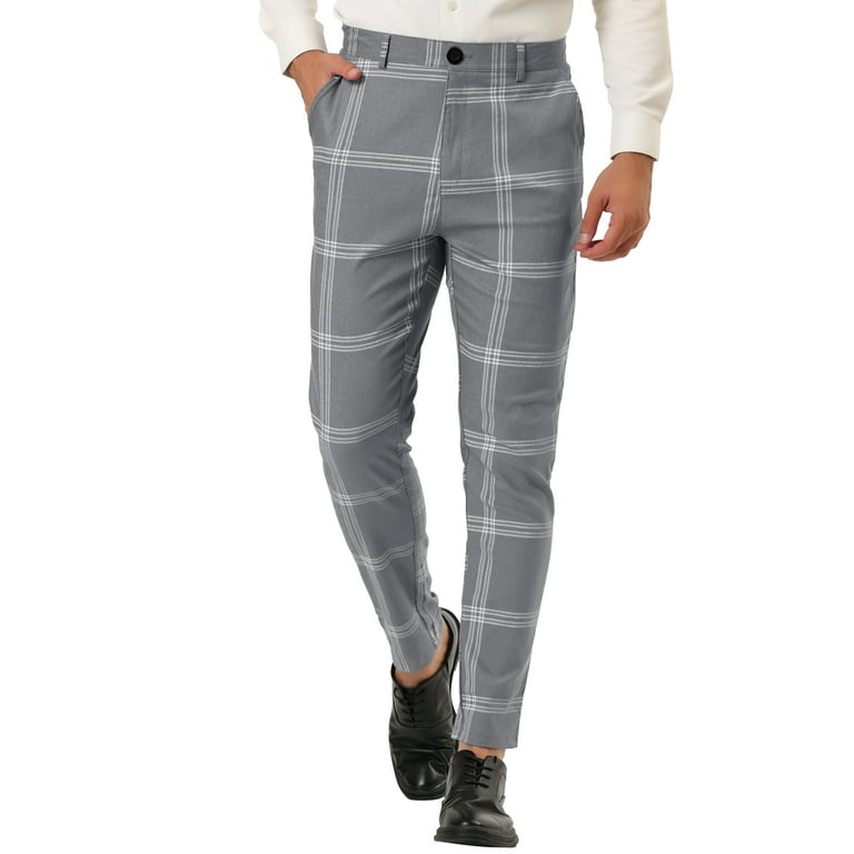 Men's Plaid Dress Pants Casual Slim Fit Flat Front Checked Trousers 