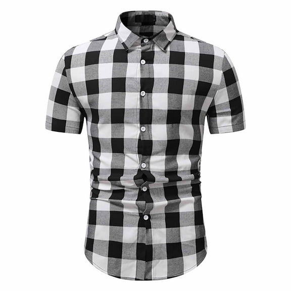 Men's Plaid Dress Shirt Short Sleeve Slim Fit Casual Plaid Button Down Shirts Lapel Business Work Shirt for Men