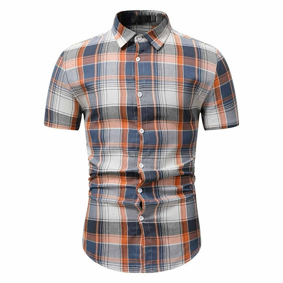 Men's Plaid Dress Shirt Short Sleeve Slim Fit Casual Plaid Button Down Shirts Lapel Business Work Shirt for Men